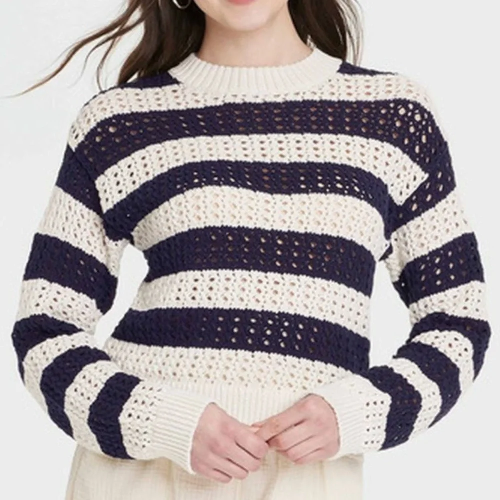 Universal Thread Crochet Striped Sweater Navy Cream NWT - Size XL - Picture 2 of 6